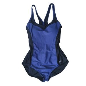 Speedo Womens One Piece Swimsuit Blue Black Racerback XL Padded